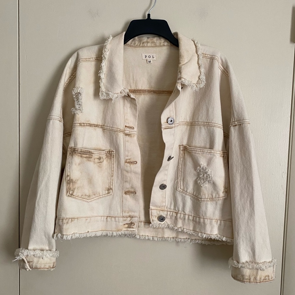 POL Cream Distressed Jean Jacket Size M
